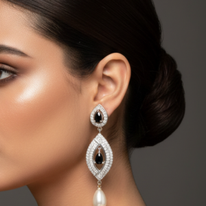 Diamond, Black Stone & Pearl Chandelier Earrings