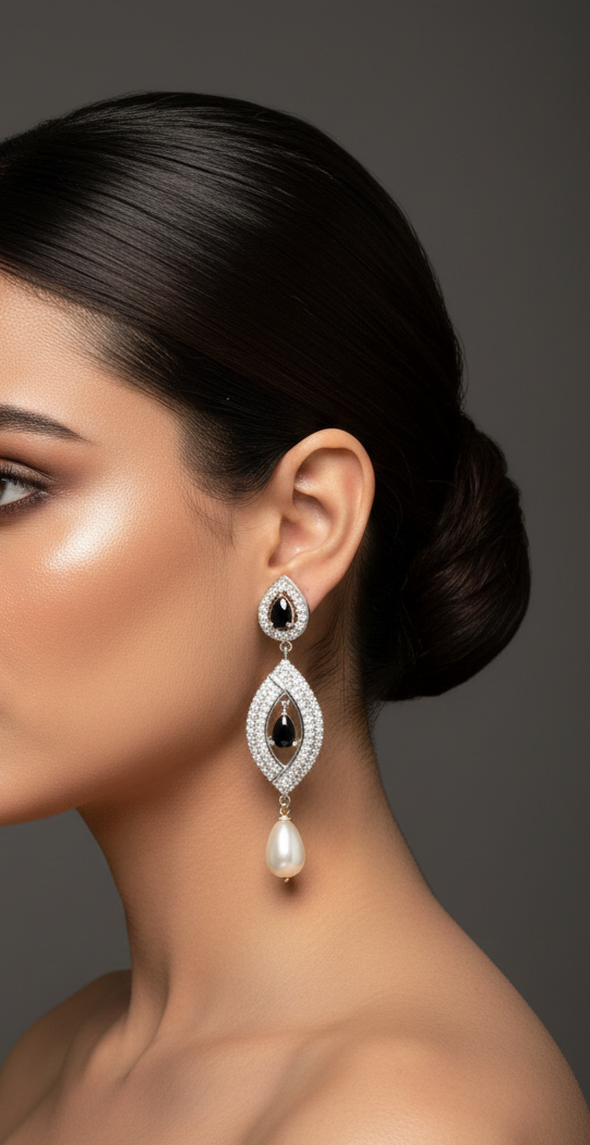 Diamond, Black Stone & Pearl Chandelier Earrings
