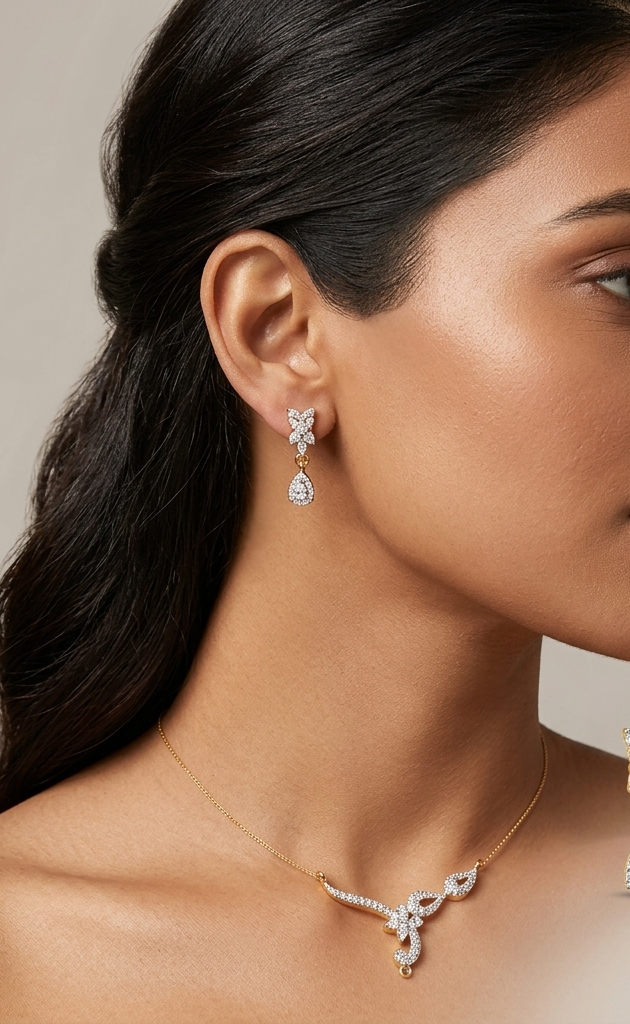 Dainty Floral American Diamond Necklace & Drop Earring Set - Image 2